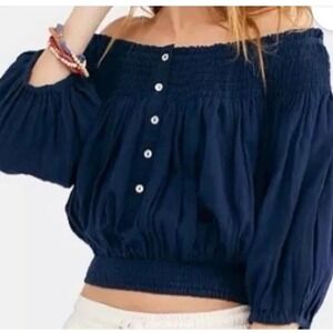 We‎ The Free Dancing Til Dawn Blue Off Shoulder Smocked Peasant Top Women L Boho
